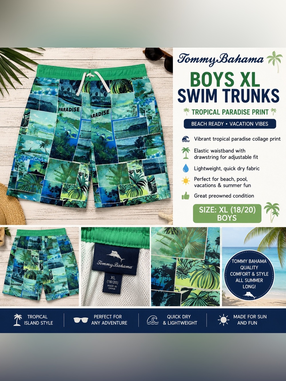 Tommy Bahama Boys XL Tropical Paradise Swim Trunks Green Blue Board Shorts